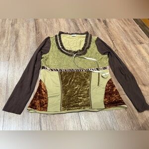 Patchwork Long Sleeve Top with Brown and Green Accents